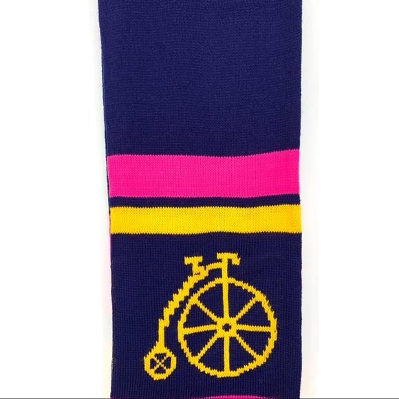 Rare Vintage High Wheel Bicycle Print Striped Spring Knit Scarf Navy Pink Yellow - Picture 3 of 10